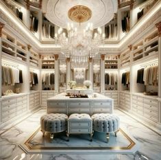 an elegant closet with chandelier, dressing table and stools in white marble