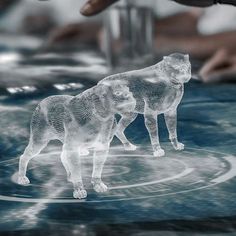 a cat and dog model on a table with people in the background looking at it