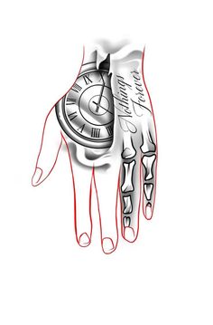 a drawing of a hand with a clock on it