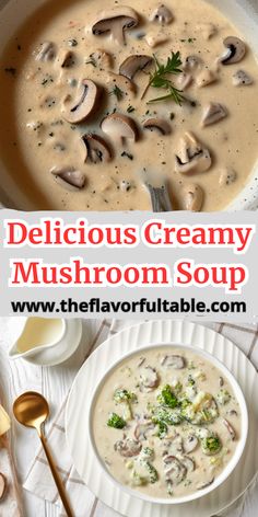 delicious creamy mushroom soup in a white bowl