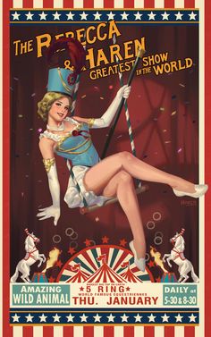 an old circus poster with a pin up girl on the top of a pole and some confetti