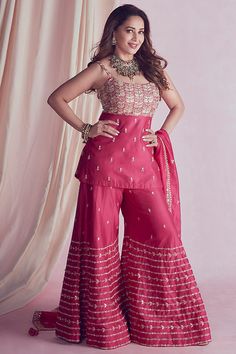 Fuchsia Pink Gota Embroidered Sharara Set Design by Punit Balana at Pernia's Pop Up Shop 2021 Pink Sharara Suit, Pink Sharara, Punit Balana, Embroidered Sharara, Madhuri Dixit, Dress Indian Style, Indian Fashion Designers, Fashion Attire