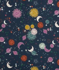 a blue background with stars, planets and sunflowers in the sky on it