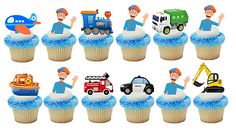 cupcakes decorated with different types of vehicles and people in blue icing on white frosting