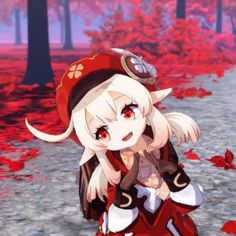 an anime character is walking in the woods with red leaves on the ground and trees behind her