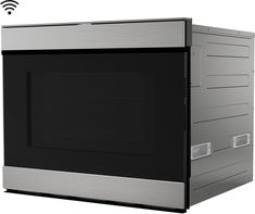 a silver and black microwave oven with wifi connected to the front door, on an isolated white background