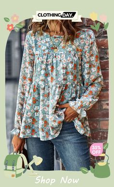 Floral Flounce Sleeve Tiered Blouse Casual Long Sleeve Floral Print Blouse, Non-stretch Multicolor Floral Print Blouse, Patterned Long Sleeve Tops For Day Out, Printed Tops For Day Out In Fall, Flowy Patterned Spring Top, Spring Flowy Patterned Tops, Flowy Patterned Top For Spring, Chic Printed Non-stretch Blouse, Patterned Tops For Fall Day Out