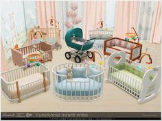 a group of baby cribs in various colors and sizes, including one with a stroller