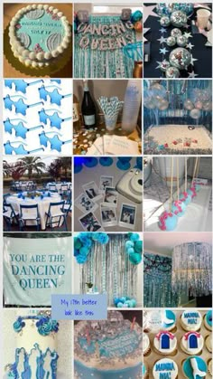 a collage of pictures with blue and white decorations on it's sides, including cakes, cupcakes, cake toppers, and more