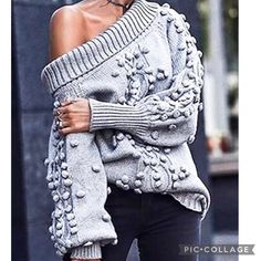 Heather Gray Sweater. Sweater Is Slightly Off The Shoulders. Has Small Design Of Knit Balls. Loose Fit. Back Has No Small Knit Balls. Very Detailed! Runs Big! 65% Poly 35% Viscose Fancy Sweater, Sweater Trends, Off Shoulder Sweater, Sweaters Online, Loose Sweater, Sweater Sale, Sleeves Pattern, Sweater Fashion, Pure Color