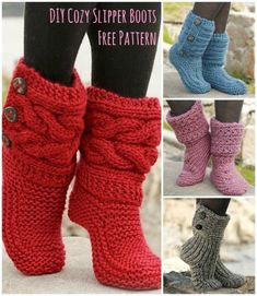 four pictures of different knitted boots with buttons on the bottom and bottom, one in red