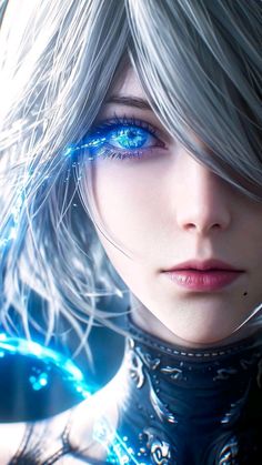 a woman with blue eyes and silver hair