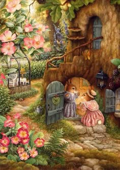 a painting of two rabbits in front of a fairy house