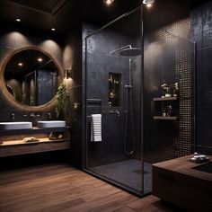 a bathroom with a large shower, sink and mirror in it's center area