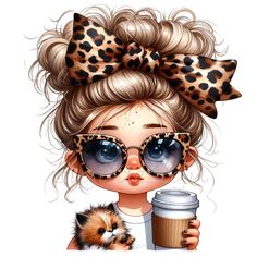 a girl holding a coffee cup and a small cat in her hand, wearing leopard print glasses