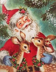 a painting of santa claus with two baby deers in front of a christmas tree