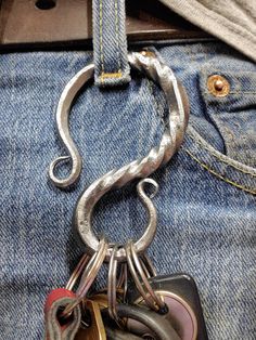 a bunch of keys that are in the pocket of someone's jean pants,