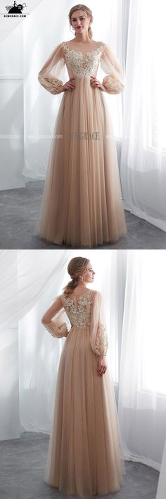 Long Sleeve Tulle Evening Dress For Bridesmaid, Tulle Bridesmaid Dress With Sheer Sleeves, Lace Long Sleeve Bridesmaid Evening Dress, Bridesmaid Dress With Sheer Tulle Sleeves, Banquet Dresses With Sheer Sleeves And Fitted Bodice, Tulle Long Sleeve Dress With Sweep Train, Long Sleeve Tulle Dress With Sweep Train, Floor-length Evening Dress With Lace Sleeves For Banquet, Champagne Long Sleeve Banquet Dress