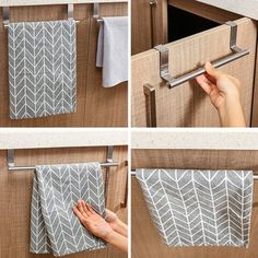 four pictures showing how to hang towels on the kitchen cabinet door and tie them together