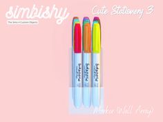 three pens sitting next to each other on top of a pink background with the words simlishy