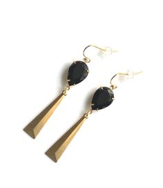 Black Pear Shaped Crystal Earrings in Gold, Black Teardrop Earrings, Vintage Geometric Elongated Earrings, Large Black Rhinestone Earrings Black Crystal Earrings, Earring Long, Geometric Crystal, Crystal Jewelry Sets