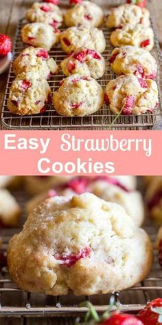 strawberry cookies on a cooling rack with strawberries in the background and text overlay that reads easy strawberry cookies