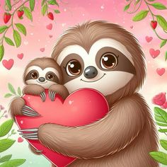 two sloths hugging each other with a heart