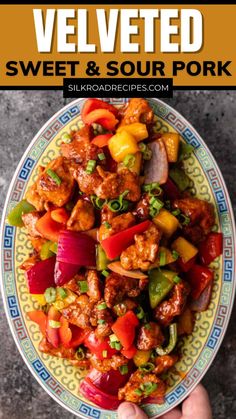 a plate full of meat and vegetables with text overlay that says velveted sweet & sour pork