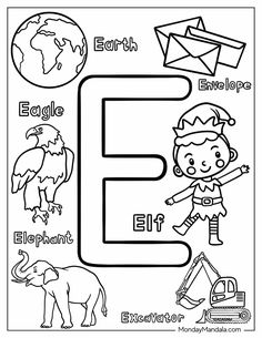 the letter e is for earth coloring page with animals, birds and other things to color