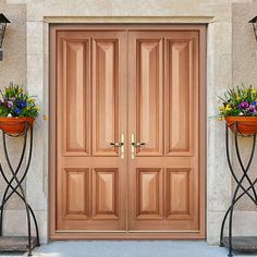 two planters with flowers are next to the doors