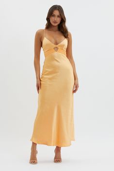 Eternal Sun Keyhole Bust Maxi Dress Mango by Selfie Leslie Summer Satin Dress With Strappy Back, Summer Satin Dress With Strappy Back For Date Night, Special Birthday Dinner, Side Split Maxi Dress, Yellow Bridesmaid Dresses, Silky Fabric, Split Maxi Dress, Birthday Dinner, Lace Bodycon Dress