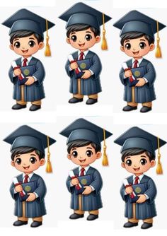 various poses of a boy in graduation cap and gown holding a book while wearing a tassel