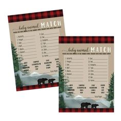 two cards with the words match and an image of a bear standing in front of trees