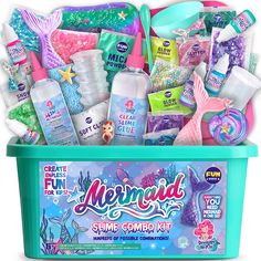 the mermaid slime combo kit is packed in a turquoise plastic container and filled with various items