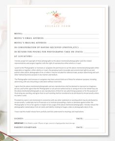 the wedding photography release form is shown with flowers and greenery on top of it