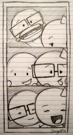 an image of cartoon faces drawn in pencil on lined paper with the caption's name