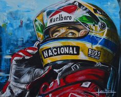 a painting of a man wearing a racing helmet and holding his hand up to his face