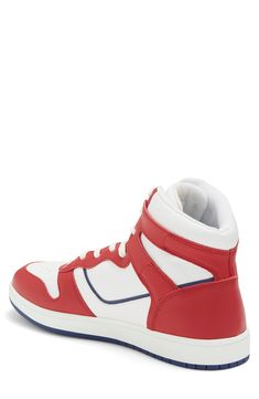 A durable cupsole and cushioned collar support active feet in a colorblock basketball sneaker. Leather upper/textile lining/rubber sole Imported Casual High-top Sneakers For Basketball, Sports High-top Sneakers With White Sole, White Collegiate Sneakers, Mid-top Fade-resistant Basketball Sneakers, Mid-top Fade-resistant Sneakers For Basketball, Collegiate White Basketball Shoes With Boost Midsole, Low-top Fade-resistant Basketball Sneakers, Casual Synthetic High-top Sneakers, Basketball Sneakers With Boost Midsole