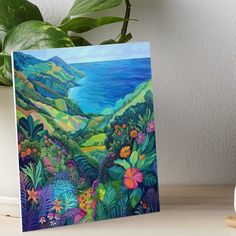 a painting of flowers and plants on a table next to a potted plant art board print