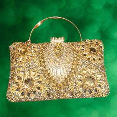 Special Occasion Evening Purse With Rhinestones Beading & Faux Diamonds On The Entire Front Side Back Is Solid Gold Shimmer Hard Case Measures 8” X 5” X 2” Oversized Metal Rhinestone Clasp On Top Convertible To Wear With Handheld Handle Or Shoulder Chain Strap Or As A Clutch Brand New No Tags Box Purse, Evening Purse, Shoulder Chain, Rhinestone Bead, Gold Shimmer, Gold Beads, Hard Case, Chain Strap, Mini Bag