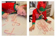 two pictures of a young boy making candy canes at christmas time and then cutting them into letters