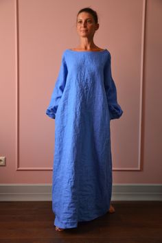 "Designer linen dress with lond loose sleeve with cuff from Maria Moliq. 100% soft linen. The dress is very elegant and comfortable, the skirt to the floor is very feminine. It is sewn from linen of specially processed, softened cornflower blue color. It is possible to perform with a short sleeve. Made of specially hand crafted softened linen. Available in other colors . This is oversize dress. We will sew the big sizes according to your order! Available colors yellow honey,pumpkin orange,red, l Honey Pumpkin Pie, Bright Blue Dress, Modern Honey, Bright Blue Dresses, Sunny Dress, Linen Dress Women, Long Linen Dress, Marine Uniform, Summer Linen Dresses