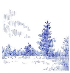 a blue and white drawing of trees in the snow