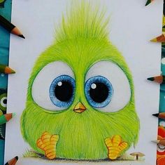 a drawing of a green bird with big blue eyes and long hair, sitting in front of colored pencils