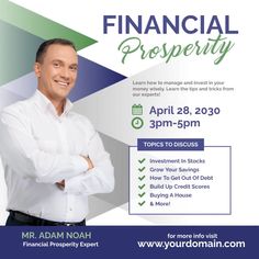 a flyer for a financial prosperity seminar with a man in white shirt and blue tie