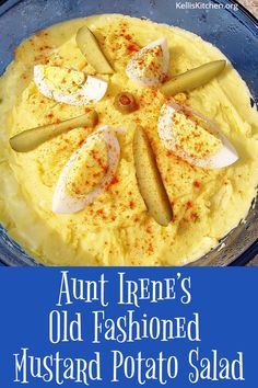 an old fashioned mashed potato salad in a glass bowl with the title overlay