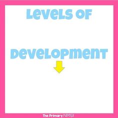 the words levels of development are shown in blue and yellow on a pink background with an arrow