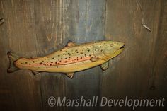 a fish is hanging on the side of a wooden wall and it's brown with black spots