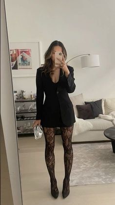 Black Stilletos Outfit, Winter Day Drinks Outfit, Black Dress With Black Tights Classy, Skirts With Pantyhose Outfits, Red Outfit Winter Classy, Blazer Tights Outfit, Fancy Dark Academia Outfits, Panty Hose Outfits Classy, Outfits With Sheer Tights