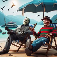 two people sitting in lawn chairs on the beach, one wearing a mask and holding an umbrella